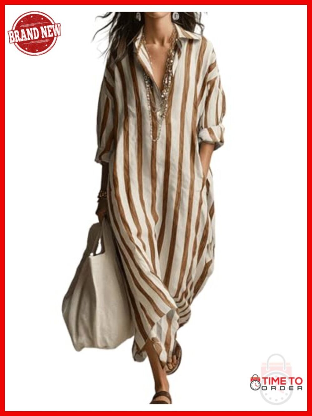 Striped V-Neck Maxi Dress with Pockets Long Sleeve Shirt Dress Cover-Up